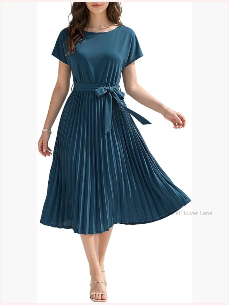 Elegant Pleated Midi Dress With Tie Waist Short Sleeve Flowy
